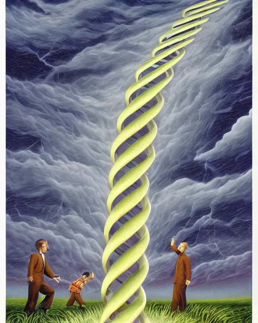 Image similar to in a field, two scientists in lab coats encounter a monster shaped like the DNA double helix, stormy weather, by Rob Gonsalves