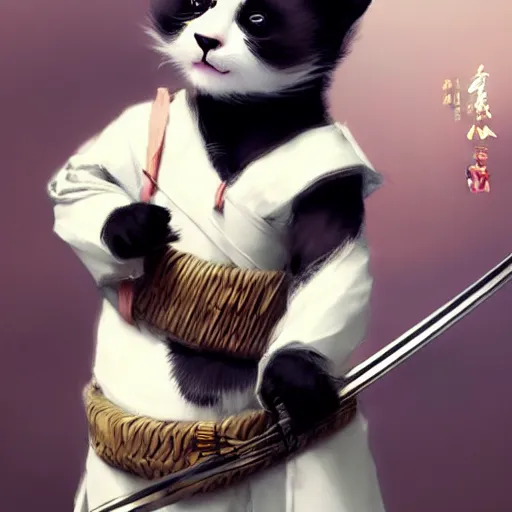 Image similar to cute kitten with panda body and cat face, in a kimono, holds a sword, by greg rutkowski, highly detailed, 4 k