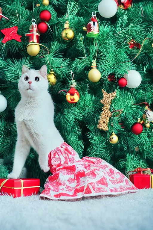 Image similar to retro photo cat in cute baby dress on the background of a retro christmas tree with 1 9 7 0 new year's toys, ussr, sovet ; kodak ektar, 2 0 0 iso, 3 5 mm lens, bill henson style beautiful chiaroscuro lighting, beautiful colour palette, beautiful and realistic, wide shot