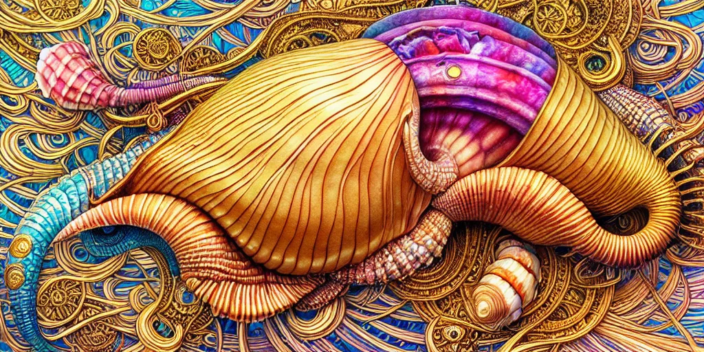 Prompt: hyper detailed conch shell, hindu god graphic illustration ocean life color palette detailed intricate gold linework + otomo, yoshitaka Amano, hiroshi yoshida, moebius, loish, artgerm, symmetrical and detailed 3d render