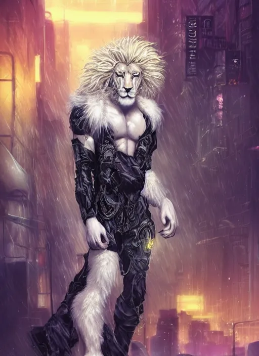 Image similar to aesthetic portrait commission of a of a male fully furry muscular anthro albino lion with a tail and a beautiful attractive hyperdetailed face wearing stylish and creative torn open black and yellow heavy outfit in a sci-fi dystopian city at golden hour while it storms in the background with bright police sirens lighting up the subject. Character design by charlie bowater, ross tran, artgerm, and makoto shinkai, detailed, inked, western comic book art, 2021 award winning painting