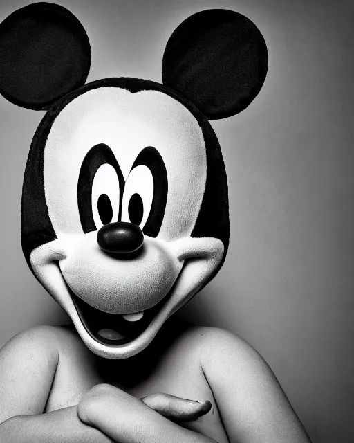 Prompt: A black-and-white studio portrait of a happy-looking Mickey Mouse in the style of a horror movie; bokeh, 90mm, f/1.4