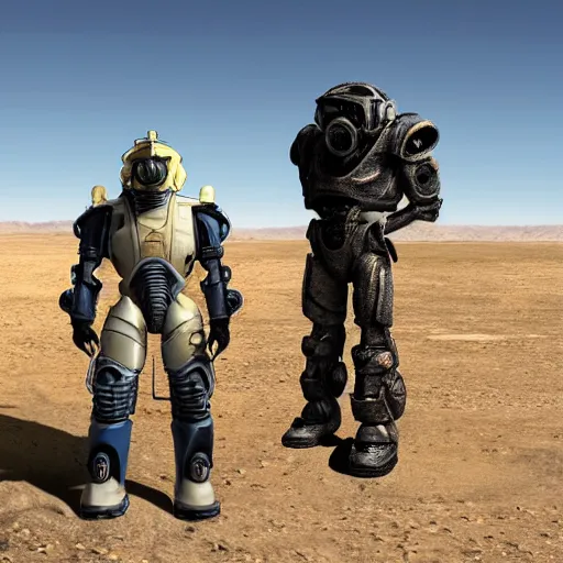 Image similar to award winning photograph of barack obama wearing fallout t - 5 1 b power armor in the mojave desert