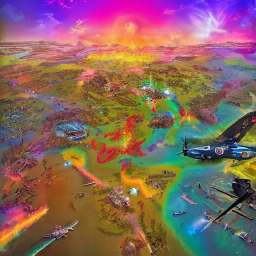 Prompt: “ battle of normandy in the style of lisa frank, historical photograph, aerial photo, wide angle, realistic, cyberpunk ”