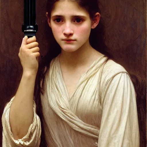 Image similar to a realistic face portrait of a teenage girl who looks like Uma Thurmond and Winona Ryder with an anxious expression and slightly open mouth, wearing ragged Jedi robes and holding a lightsaber, by William-Adolphe Bouguereau, John William Waterhouse, Frederic Leighton, Alphonse Mucha, Edward Burne Jones