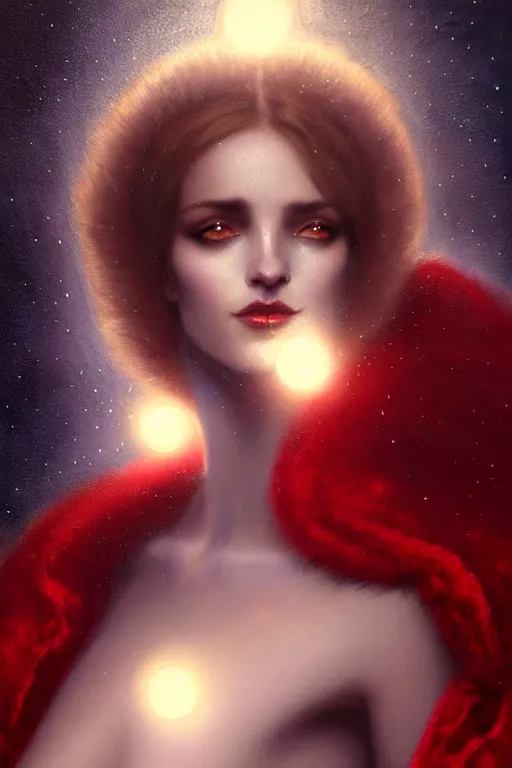 Image similar to Nocturne, glowing, stars, a portrait of a beautiful female shadow djinn creature with long fur collar, highly detailed, mysterious, ethereal, dressed in red velvet, haute couture, illustration, dramatic lighting, soft details, painting, by Edmund Blair Leighton, Brom, Charlie Bowater, trending on artstation, faces by Tom Bagshaw, otto schmidt