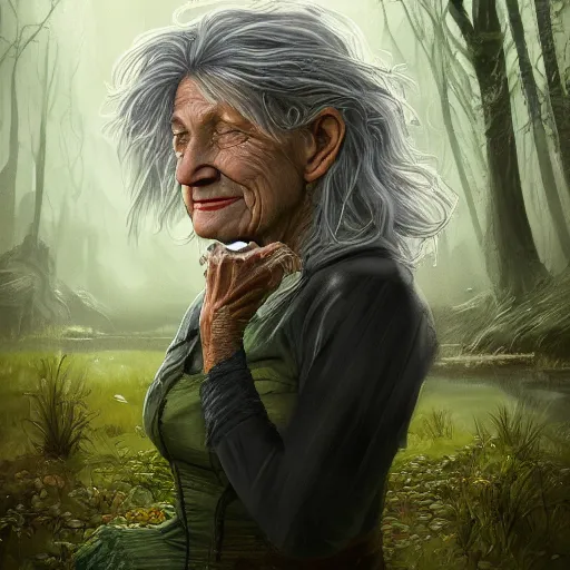 Image similar to fantasy portrait of an energetic old woman with silky, cloudy grey hair, black scars on her face, swamp vegetation in the background, nocturnal palette, art by greg rutowski, raphael lacoste, eddie mendoza, artgerm, trending on artstation