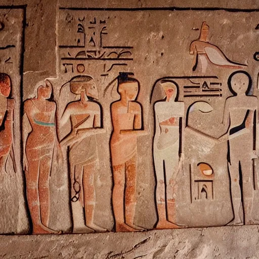 Prompt: ancient cave paintings of an among us impostor, surrounded by hieroglyphs