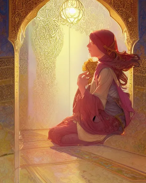 Image similar to an open quran highly detailed, gold filigree, romantic storybook fantasy, soft cinematic lighting, award, disney concept art watercolor illustration by mandy jurgens and alphonse mucha and alena aenami, pastel color palette, featured on artstation