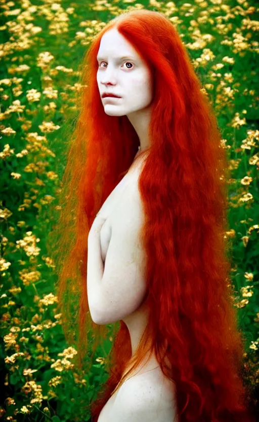 Prompt: portrait of a girl with long red hair, very beautiful style, girl in a garden, in a gold suit, photorealism, deborah lou turbeville,