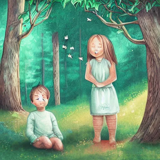 Prompt: a beautiful illustration of cute children dreaming about a beautiful forest, digital art