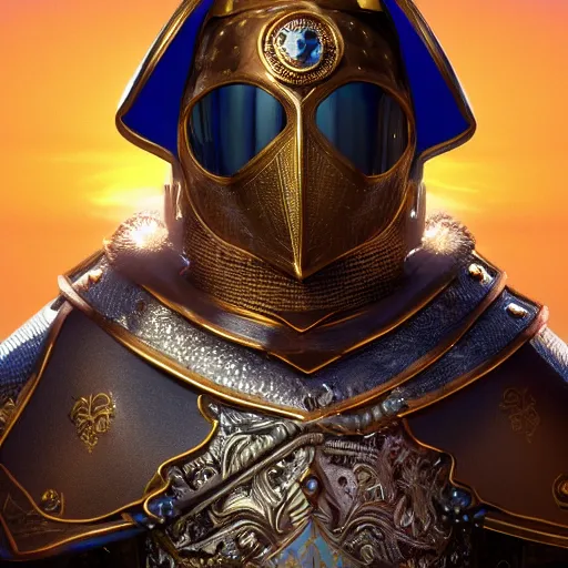 Image similar to a highly detailed knight in a T golden helmet and a golden crown with a blue diamond in the center, golden armor, leather clothes under the armor, leather gloves, holds a black sword, artstation, DeviantArt, professional, octane render, sunset lighting