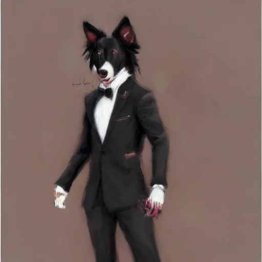 Image similar to a portrait of a cute male anthro border collie fursona wearing a suit. by henry asencio, jon foster, and ross tran. detailed, furry, glamor pose, aesthetic, beautiful, trending on artstation