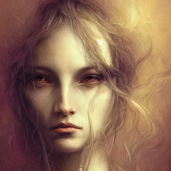 Image similar to a highly detailed beautiful portrait in the style of jean delville and in the style of peter mohrbacher.