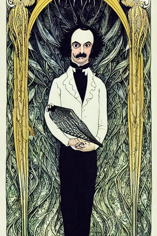 Prompt: realistic portrait of edgar allen poe in the center of an ornate white lily flower frame with wings, detailed art by kay nielsen and walter crane, illustration style, watercolor