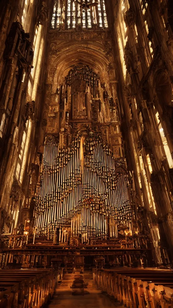 Image similar to a complex ancient pipe organ cathedral interior, 4 k, stone pews, torches, lighting, unreal engine 5 render, natural color scheme, architectural photography, f 3 2, still from movie by guillermo del toro