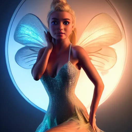 Image similar to full body pose, hyperrealistic photograph of tinkerbell, dim volumetric lighting, 8 k, octane beautifully detailed render, extremely hyper detailed, intricate, epic composition, cinematic lighting, masterpiece, trending on artstation, very very detailed, stunning, hdr, smooth, sharp focus, high resolution, award, winning photo, dslr, 5 0 mm