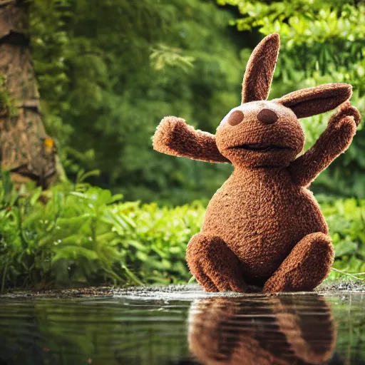 Image similar to a chocolate brown karate loving muppet bunny wearing cool ninja clothes and practicing her karate out in nature by a pond, photorealistic, photography, ambient occlusion, rtx, national geographic, sesame street