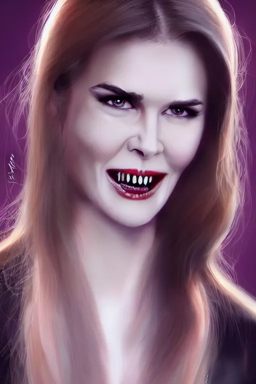 Image similar to mix of beautiful young maria shriver, mariel hemmingway, brooke shields, nicole kidman and elle macpherson as a vampire with mouth open with sharp teeth, thin lips, hair tied up in a pony tail, dark blonde hair, colorful, artstation, cgsociety