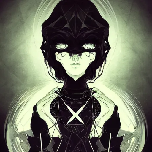 Image similar to shadowy pitch-black void occultist, gnostic sigils, ars goetia, heroine, beautiful symmetrical portrait, intricate complexity, rule of thirds, in the style of Artgerm and Kazuki Tanahashi, character concept