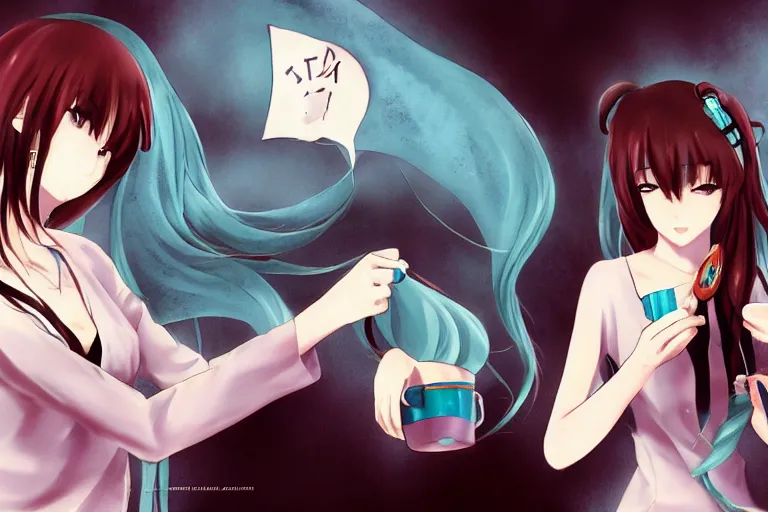 Prompt: Beautiful anime art of Makise Kurisu, Hatsune Miku drinking tea, anime, ultra detailed, wallpaper