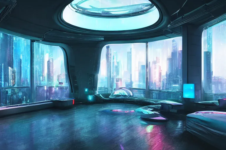 Image similar to a futuristic bedroom with large curved ceiling high windows looking out to a far future cyberpunk cityscape, cyberpunk neon lights, raining, scifi