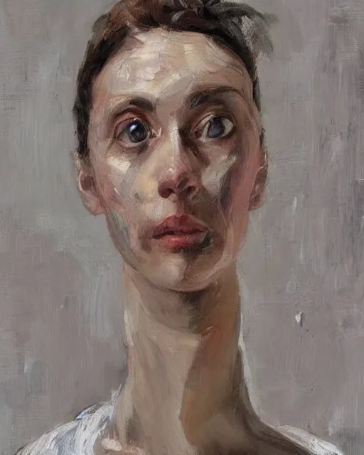 Prompt: a close up portrait a very ordinary young woman with a distracted expression, low angle, facing front, looking up, by Lucian Freud and Jenny Saville, oil painting, anatomically correct, beautiful perfect face, visible brushstrokes, sharp focus, Highly Detailed, Cinematic Lighting, 8k, HD