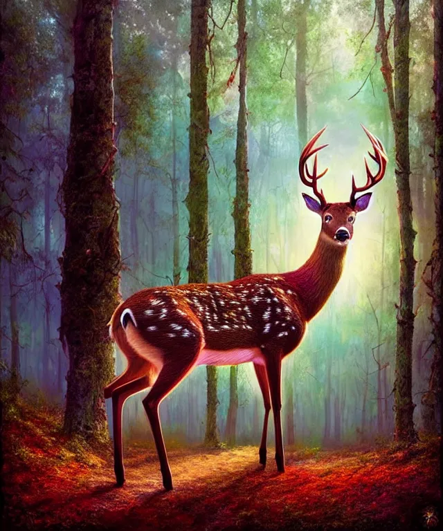 Image similar to a single realistic deer, walking through a psychedelic forest, wide angle landscape shot, pixar style by tristan eaton, artgerm and tom bagshaw