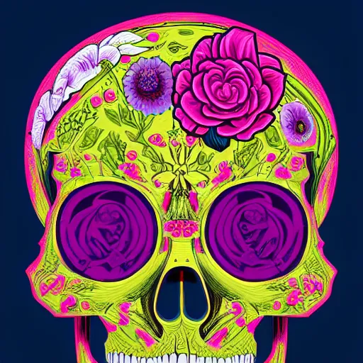 Image similar to ortographic view of a large skull with cybernetic modifications and vivid flowers by Jen Bartel and Dan Mumford and Satoshi Kon, gouache illustration