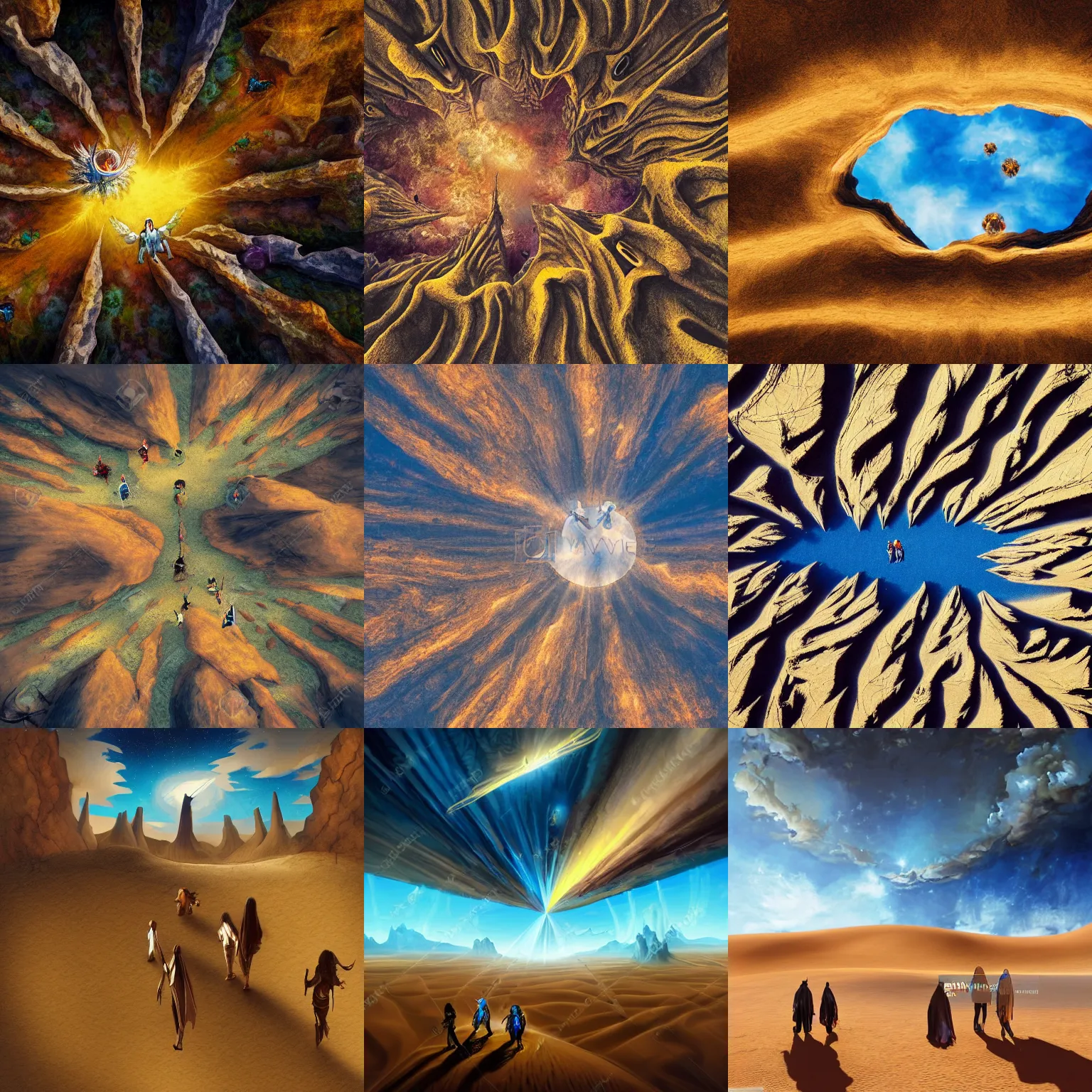 Prompt: group of wizards walking through a flat desert plateau, fantasy art, view from above, brightly lit, fractal sky