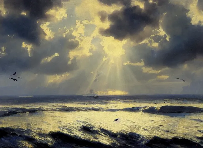 Image similar to oil painting of medieval seabirds roaming the ocean in dawn by anders zorn, wonderful art by greg rutkowski, incredible lighting, shadows, beautiful cinematic light, american romanticism by greg manchess, tall rocky mountains and storm clouds, sun rays, sunshine, bright sunny summer day, tall backlit waves, wild water, reflections