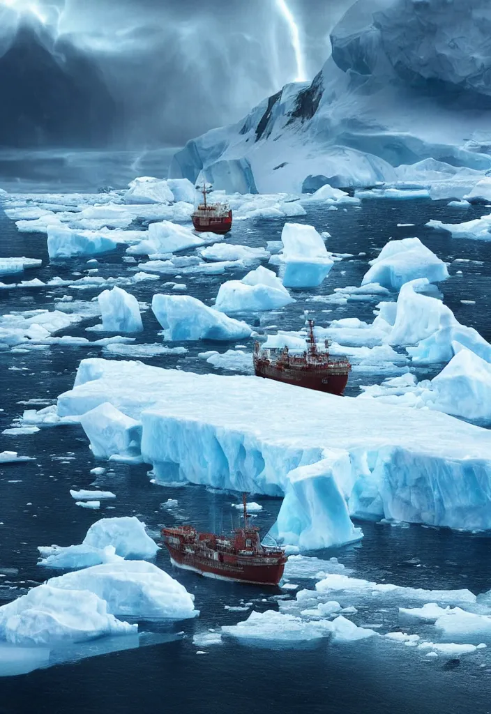 Image similar to ship being persecuted by a police ship over raging turbulent waters in antartica, icebergs in the background, hyper realistic, highly detailed, digital art, apocalyptic, intimidating lighting, raytracing, sharp focus, smooth, romanticism