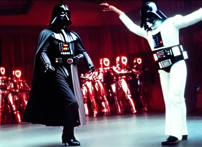 Prompt: film still of Darth Vader disco dancing exactly like John Travolta on the cover of Saturday Night Fever, 4k