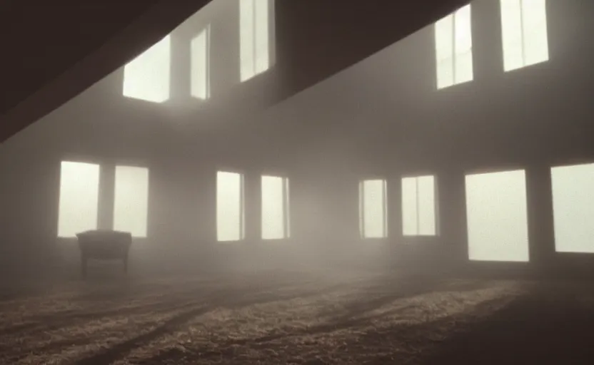 Image similar to screenshot photo low angle interior of a house built on nothing and something for the nothing underneath, scene from being john malcovich film directed by charlie kaufman ( 2 0 0 1 ), foggy volumetric light morning, moody cinematography, 2 4 mm anamorphic lens, 3 5 mm film