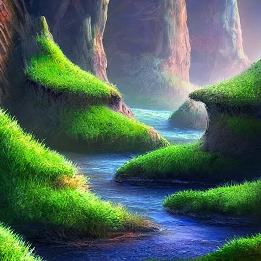 Image similar to digital art of a lush natural scene on an alien planet by dan volbert. beautiful landscape. weird vegetation. cliffs and water.