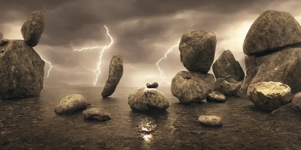 Image similar to Photorealistic strange dark monks perform a ritual. Magical symbols float above them. Epic landscape with magically floating rocks, with ominous storm clouds, strange levitating stones, stones falling from the sky, a gentle rising mist. occult photorealism, UHD, amazing depth, glowing, golden ratio, 3D octane cycle unreal engine 5, volumetric lighting, cinematic lighting, cgstation artstation concept art