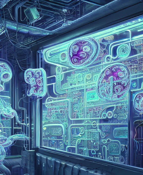 Image similar to intricate opulent transparent clear see - through portrait of microbes, fractal, neon lights, circuitry, dense industrial environment, ultra realistic, concept art, art deco, photorealistic, octane render, 8 k, unreal engine. art by nori inoguchi and sam kaplan and zachary goulko and christopher marley and artgerm