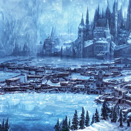 Prompt: a frozen lake with a city beneath it, fantastical, realistic