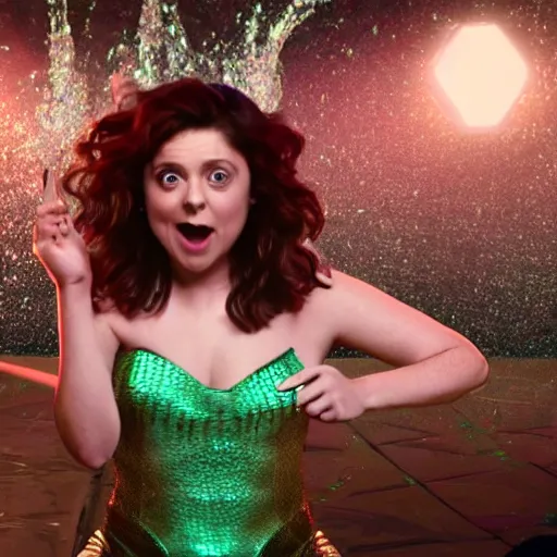 Image similar to rachel bloom as a beautiful mermaid pop star in a club surrounded by piles of money, ultra detailed, 8 k resolution, ultrarealistic