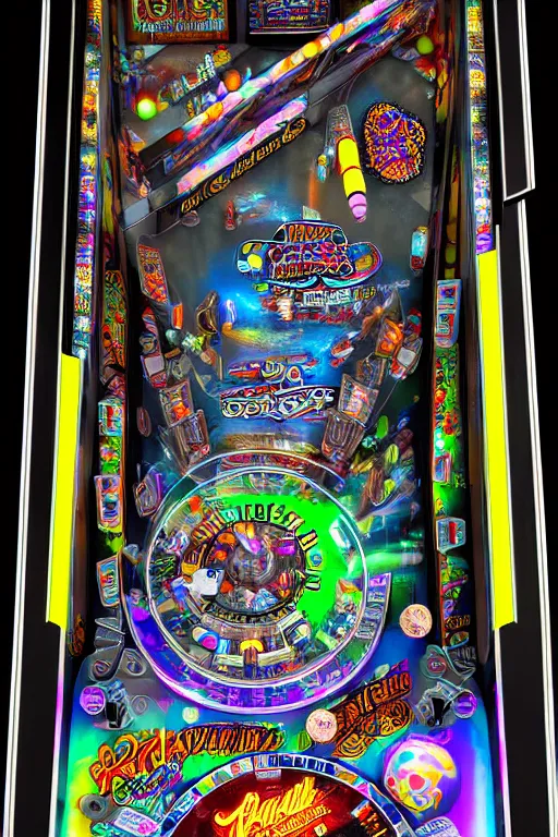 Image similar to a detailed pinball table layout overhead view, game art, realistic digital art, fluorescent colors, halluzinogenic, multicolored, exaggerated detailed, unreal engine