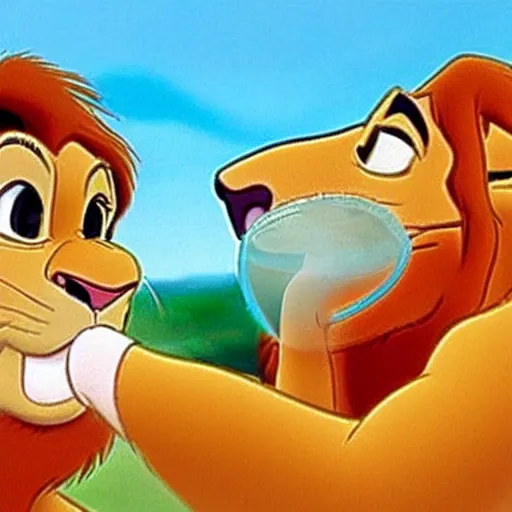 Prompt: Simba from The Lion King drinking water, disney cartoon.
