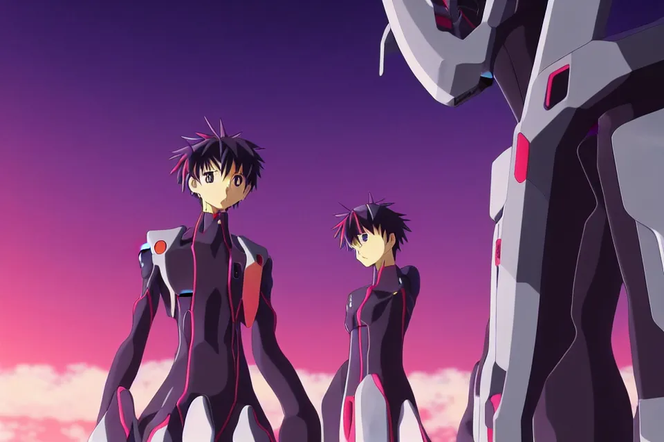 Image similar to anime illustration of black detailed lonely evangelion eva - 0 1 standing menacingly behind ikari shinji, cinematic lighting, evangelion anime poster, rebuild of evangelion 1 0 8 0 p, 9 0 s anime aesthetic, volumetric lights, rule of thirds, unreal engine render, pinterest wallpaper, trending on artstation