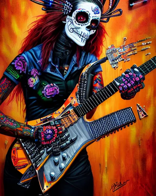 Prompt: a portrait of an anthropomorphic cyberpunk dia de los muertos, shredding an electric guitar by sandra chevrier, by jon foster, detailed render, epic composition, cybernetics, 4 k realistic, fender stratocaster, cryengine, realistic shaded lighting, sharp focus, masterpiece, by enki bilal