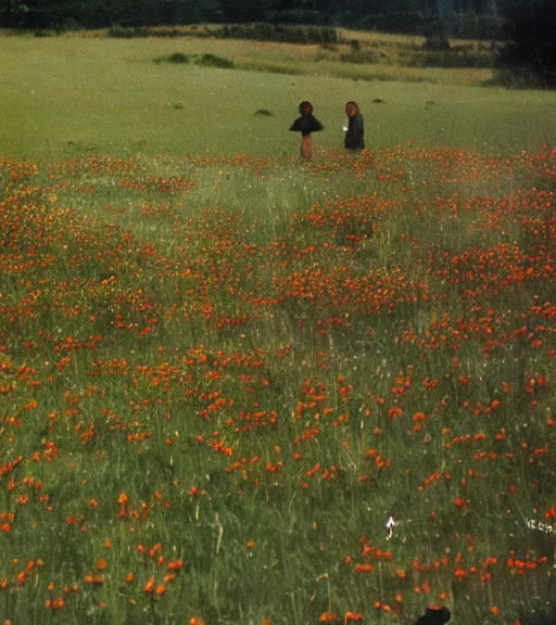 Image similar to satanic ritual in beautiful meadow of flowers, film photo from 1970s, grainy, high detail, high resolution