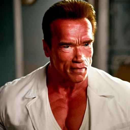 Prompt: arnold schwarzenegger starring as willy wonky, movie still