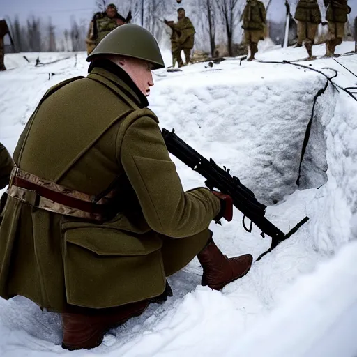 Image similar to Putin is sitting in the trenches and defending himself from Ukrainian troops, household style