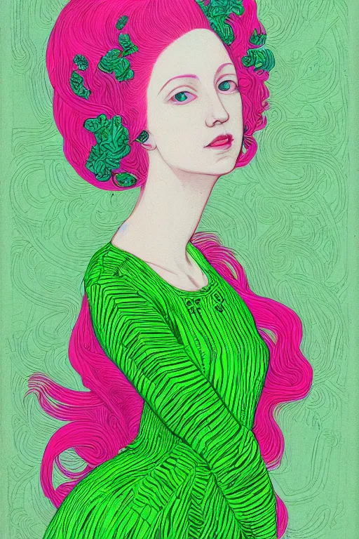 Prompt: portrait of a young pale woman with pink hair, wearing a neon green dress, intricate details, super-flat, in the style of James Jean