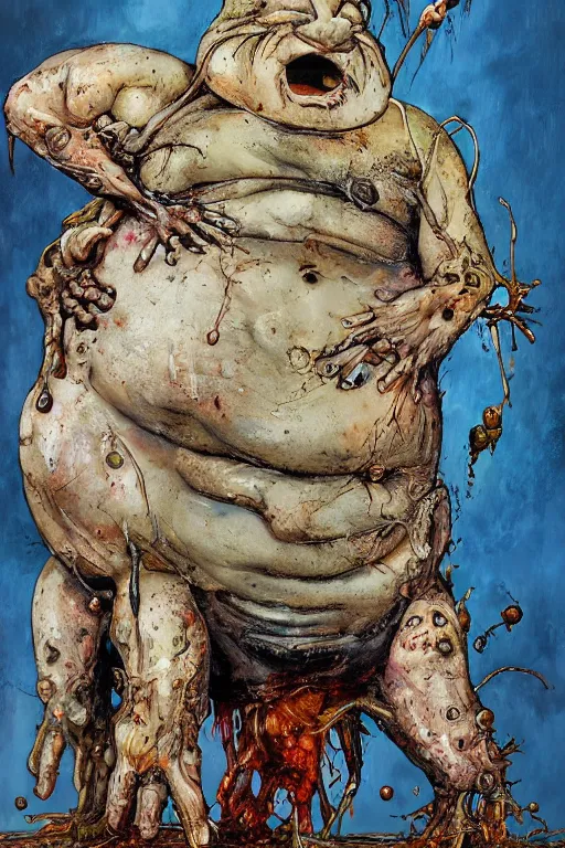 Image similar to Big Chungus full body shot, hyper-realistic oil painting, Body horror, biopunk, by Ralph Steadman, Francis Bacon, Hunter S Thompson