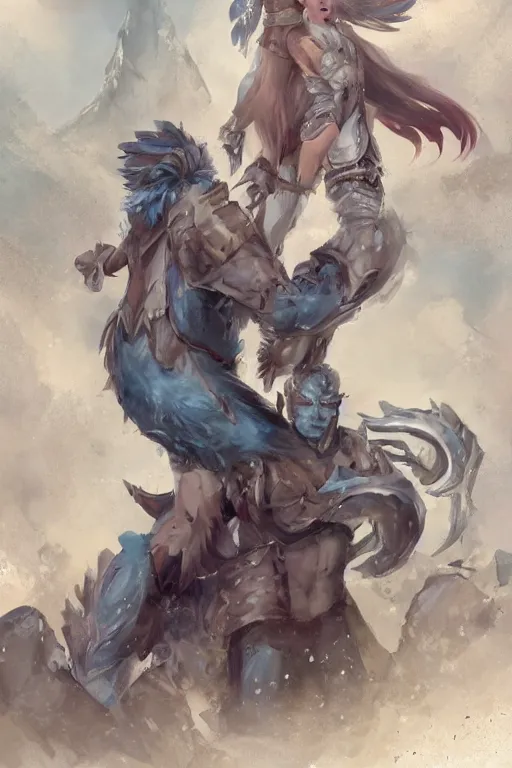 Image similar to a small blue-skinned triton girl wearing scale armor riding on a the shoulders of a large male goliath wearing fur and leather armor, dnd concept art, painting by ross tran and Tyler Jacobson