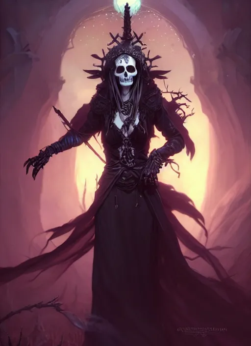 Image similar to a beautiful cinematic female Necromancer Sorceress, fantasy skull and bone landscape, fantasy magic, undercut hairstyle, dark light night, intricate, elegant, sharp focus, illustration, highly detailed, digital painting, concept art, matte, art by WLOP and Artgerm and Greg Rutkowski and Alphonse Mucha, masterpiece